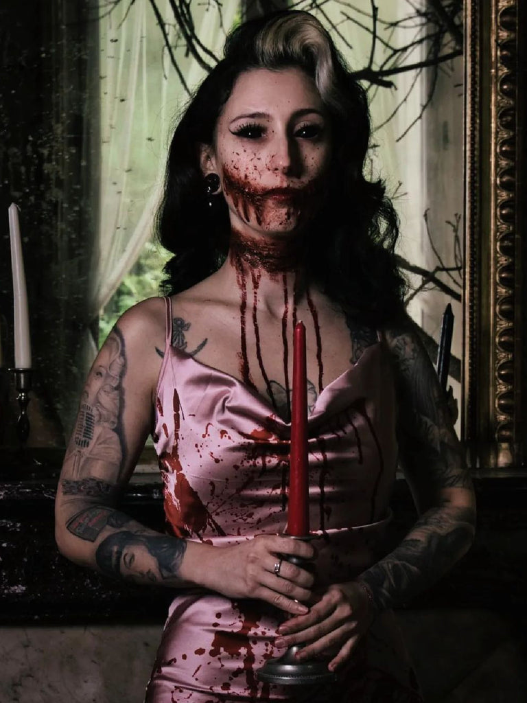 Pink 1930s Halloween Blood Fishtail Dress — vintage elegance for the modern woman