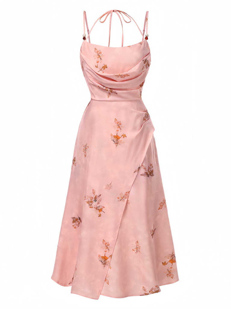 She slips into this Pink 1930s Halter Strap Floral Satin Dress and suddenly it's a 1930s daydream