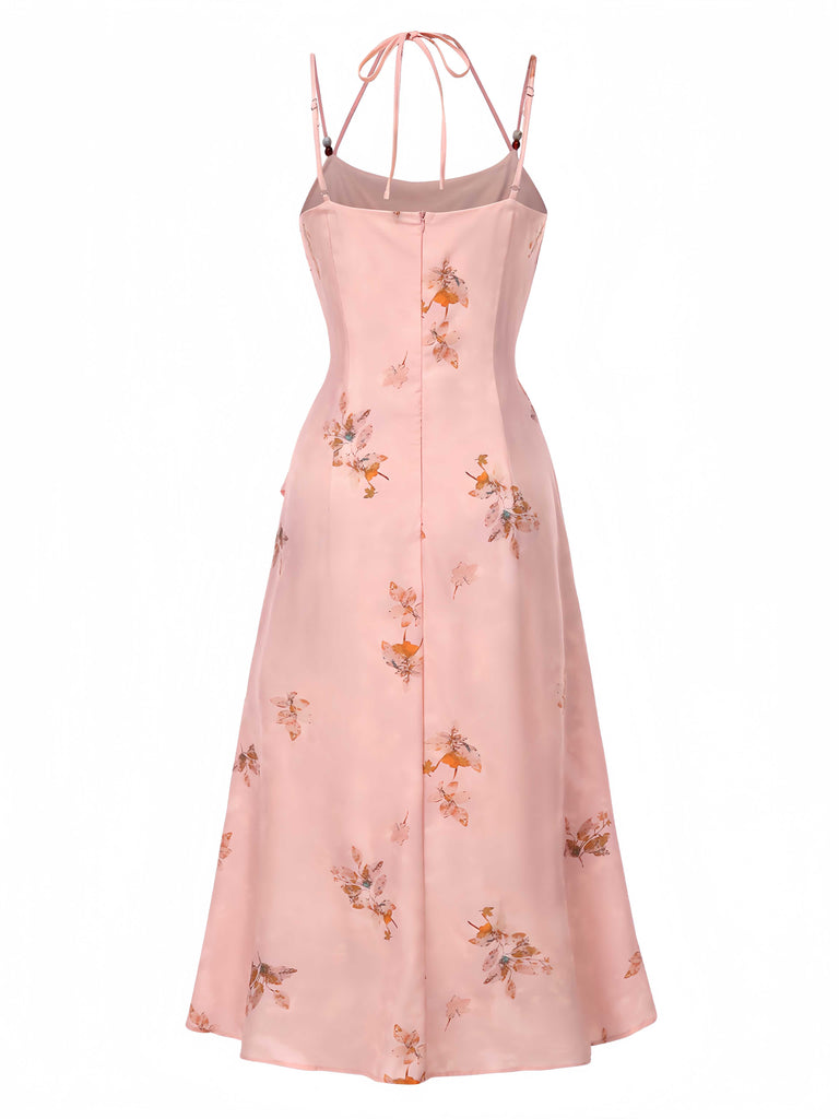 Pink 1930s Halter Strap Floral Satin Dress: where 1930s romance meets her modern spirit