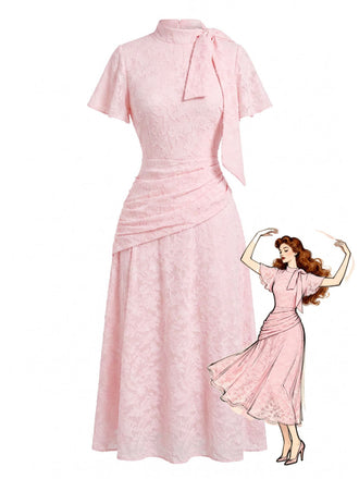 Pink 1940s Floral Lace Bow Dress 2
