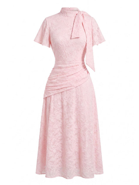 Pink 1930s Jacquard Stand Collar Tie-Neck Lace Dress | Retro Stage