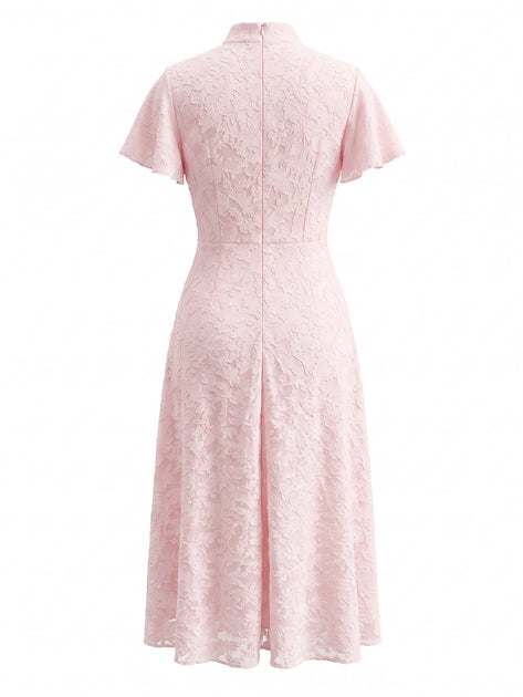 Pink 1930s Jacquard Stand Collar Tie-Neck Lace Dress | Retro Stage