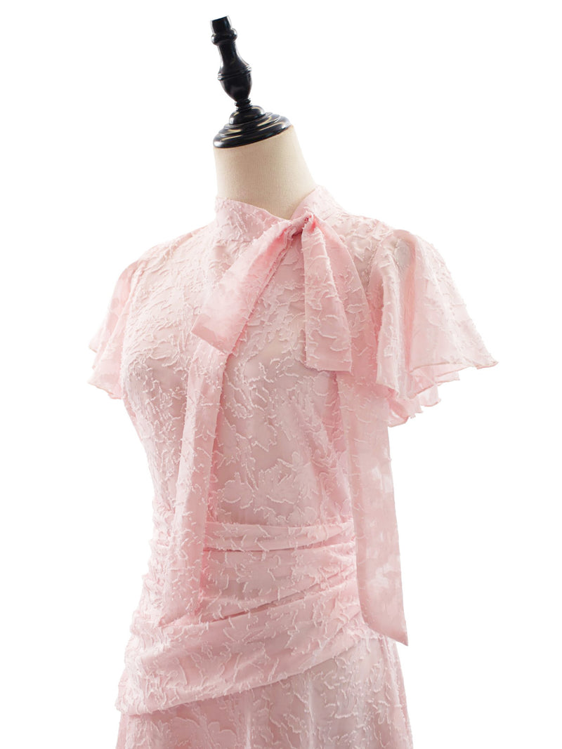 Pink 1930s Jacquard Stand Collar Tie-Neck Lace Dress | Retro Stage