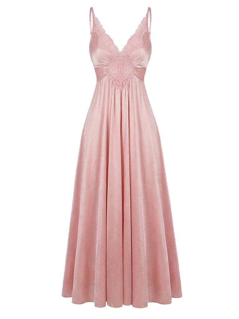 Pink 1930s Lace Satin Solid Nightgown - vintage lingerie, retro nightgown, elegant sleepwear for vintage lovers