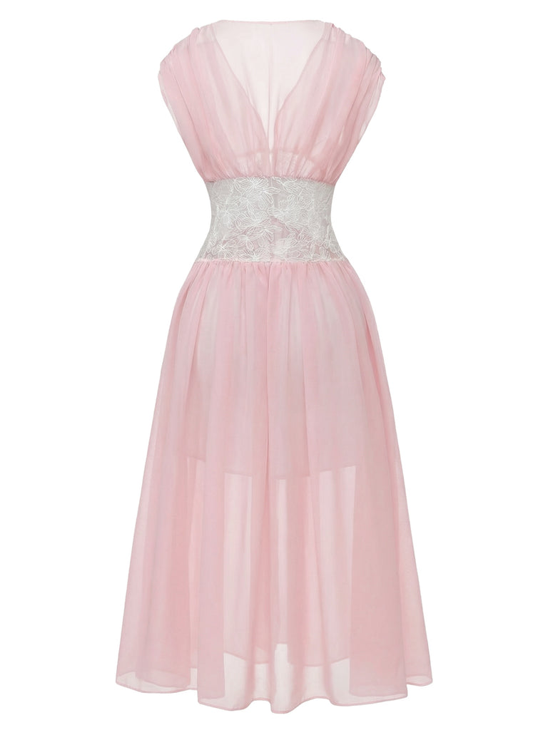 Pink 1930s Mesh Pleated Lace Waist Robe