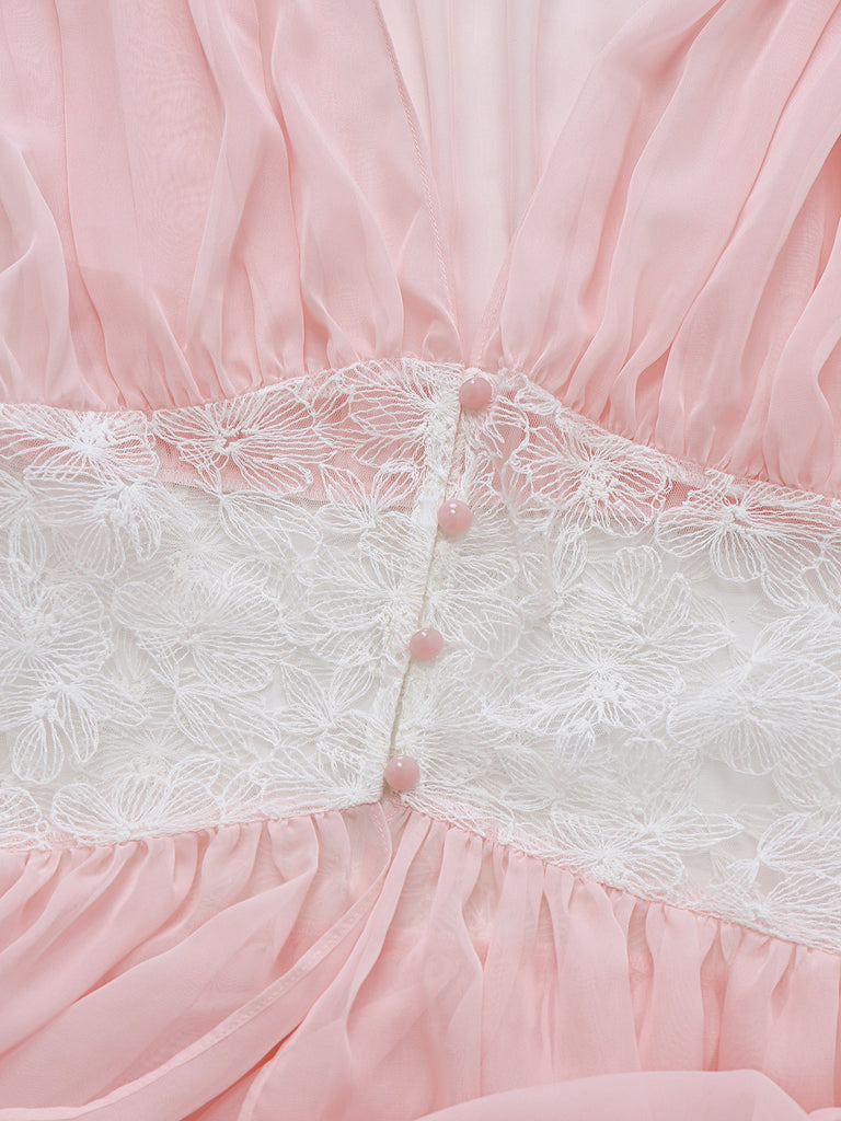 Pink 1930s Mesh Pleated Lace Waist Robe - vintage fashion, retro style
