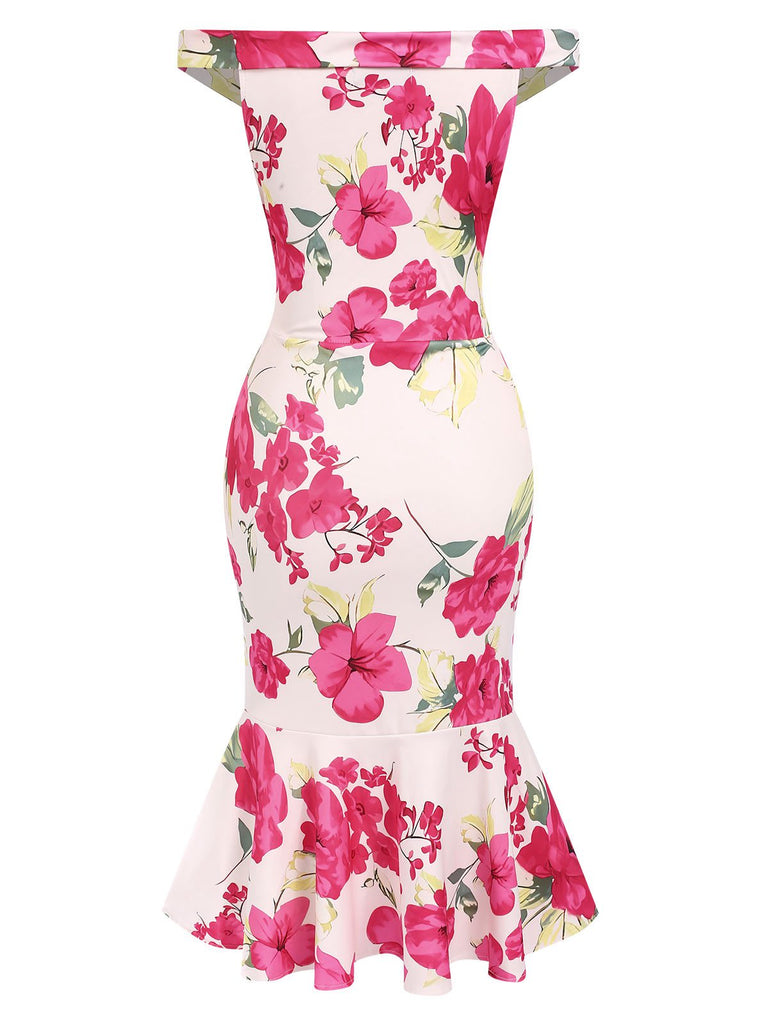 Pink 1930s Off-Shoulder Floral Mermaid Dress, vintage dress, retro fashion, floral print - perfect for women who love vintage and retro fashion