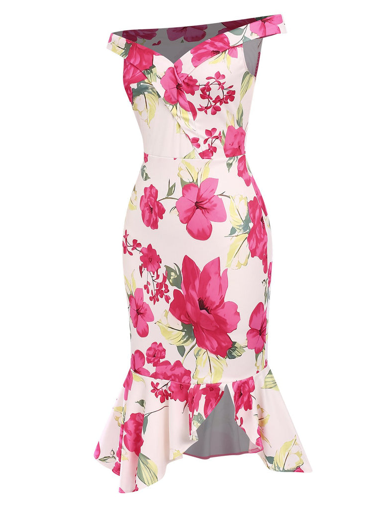 Pink 1930s Off-Shoulder Floral Mermaid Dress, vintage dress, retro fashion, floral print - perfect for women who love vintage and retro fashion