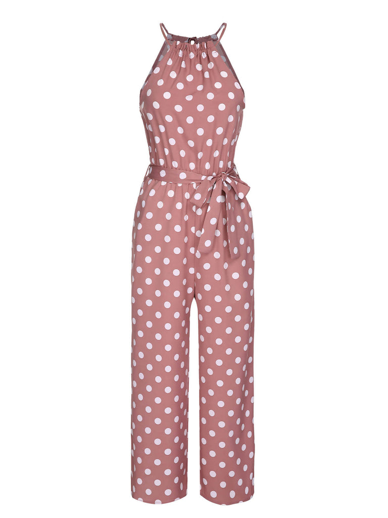 Pink 1930s Polka Dots Drawstring Halter Jumpsuit, vintage romper, retro jumpsuit - perfect for women who love vintage and retro fashion