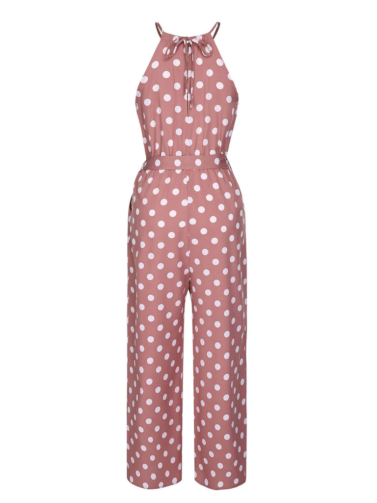 Pink 1930s Polka Dots Drawstring Halter Jumpsuit, vintage romper, retro jumpsuit - perfect for women who love vintage and retro fashion
