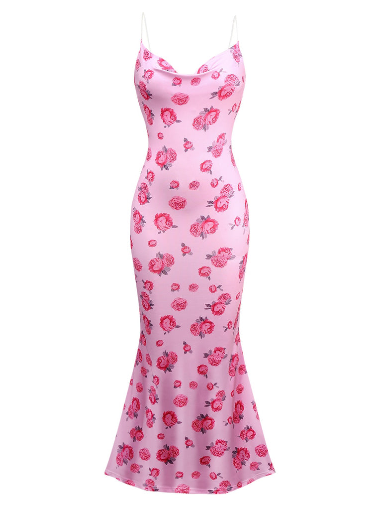 Pink 1930s Rose Cowl Neck Fishtail Dress - vintage dress, retro fashion