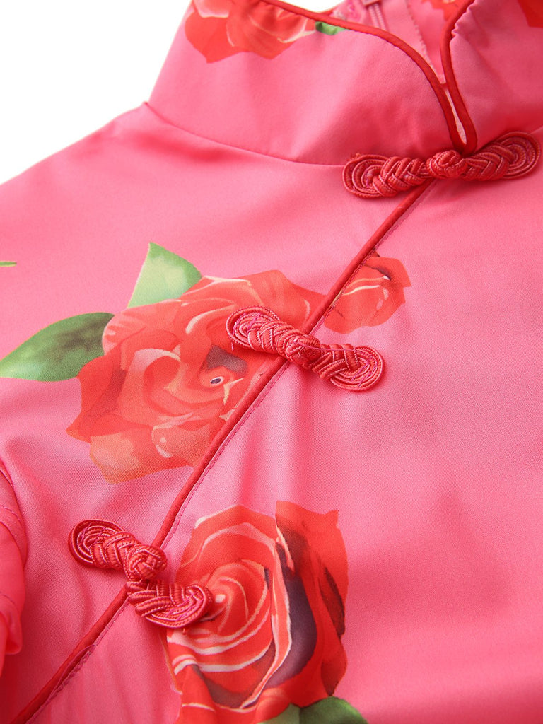 Pink 1930s Rose Ruffle-Sleeve High-Neck Maxi Dress - vintage dress, retro fashion