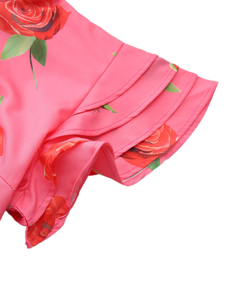 Pink 1930s Rose Ruffle-Sleeve High-Neck Maxi Dress - vintage dress, retro fashion