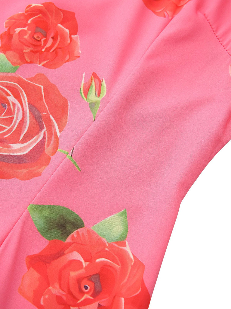 Pink 1930s Rose Ruffle-Sleeve High-Neck Maxi Dress