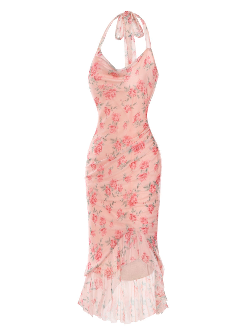 Mermaid Cocktail Dress Pink Rose Garden Halter Asymmetrical Lace 2026
