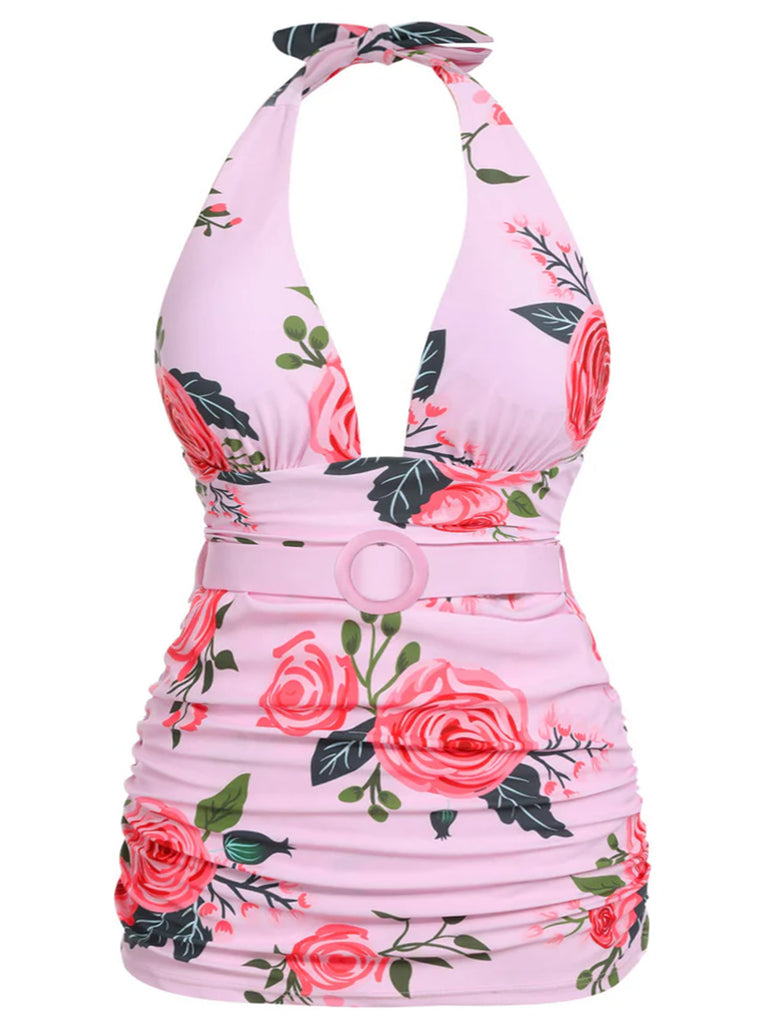 Pink 1930s Roses Halter Belt Swimsuit: timeless style reimagined