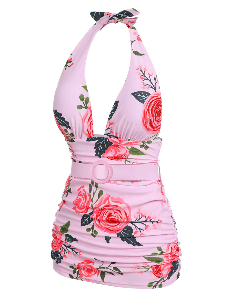 Pink 1930s Roses Halter Belt Swimsuit — vintage elegance for the modern woman