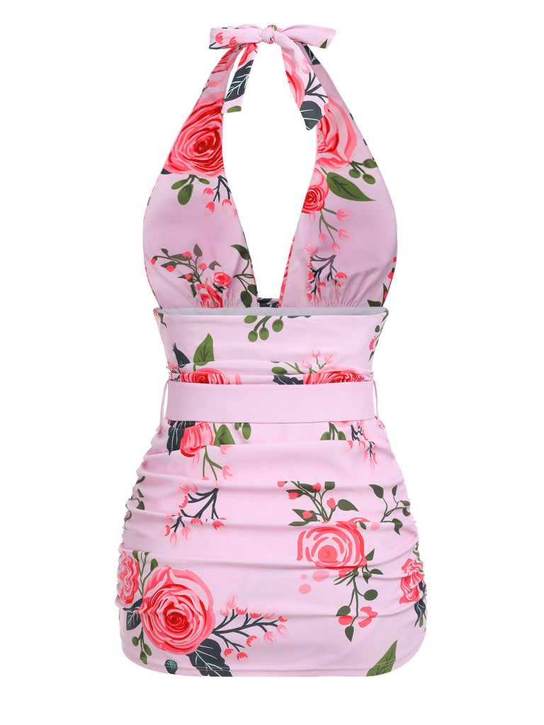 Pink 1930s Roses Halter Belt Swimsuit: timeless style reimagined