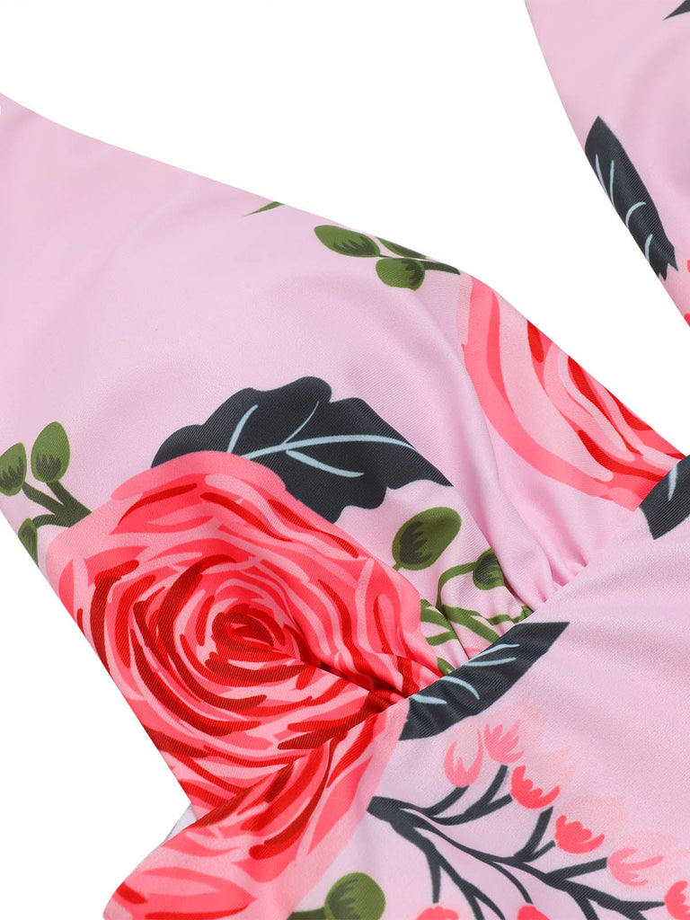 Pink 1930s Roses Halter Belt Swimsuit — vintage elegance for the modern woman