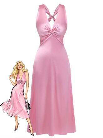Pink 1930s Satin V-Neck Twist Midi Dress - vintage dress, retro fashion