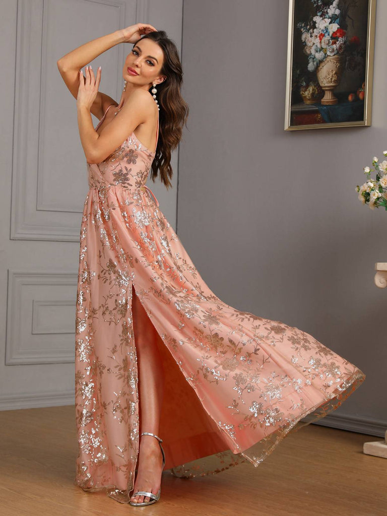 Pink 1930s Sequined Floral Mesh High Slit Dress - vintage dress, retro fashion