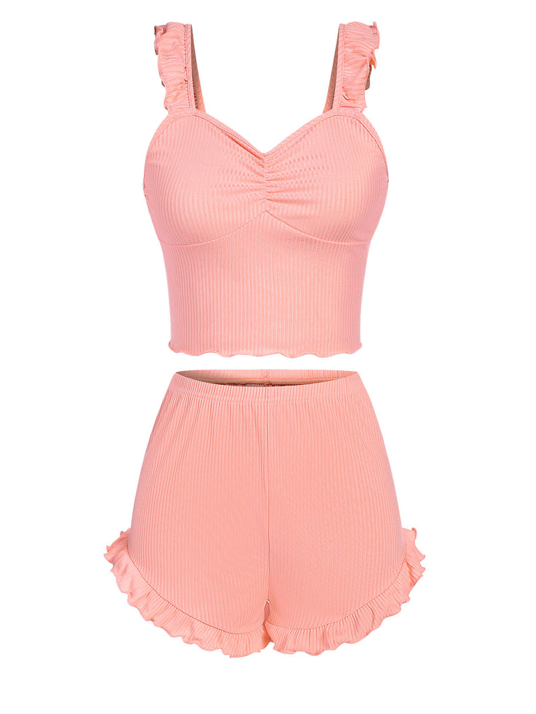 Pink 1930s Solid Ruffles Straps Pajamas, vintage pajamas, retro nightwear - perfect for women who love vintage and retro fashion