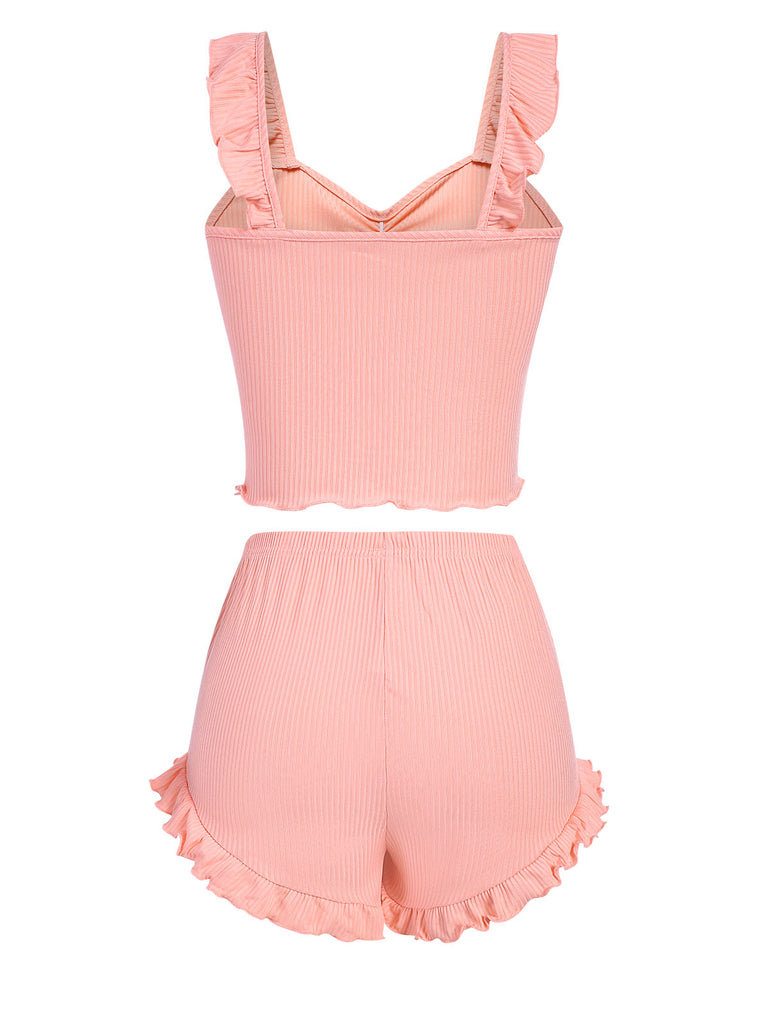 Pink 1930s Solid Ruffles Straps Pajamas, vintage pajamas, retro nightwear - perfect for women who love vintage and retro fashion
