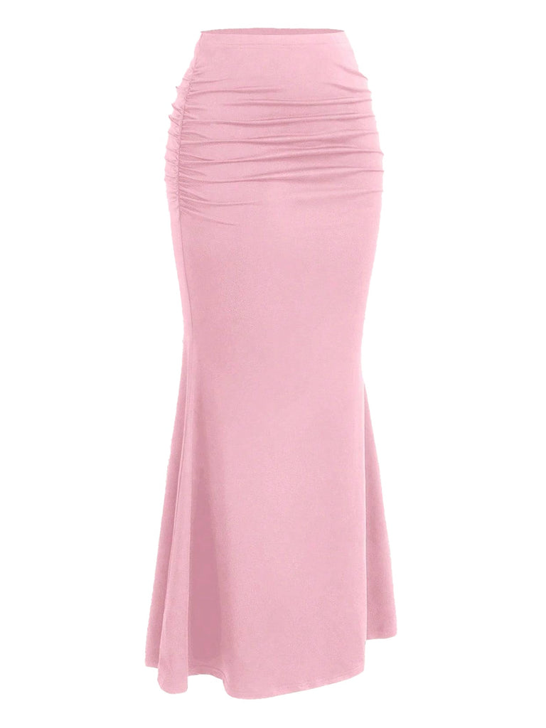 This Pink 1930s Solid Wrinkles Fishtail Skirt spins 1930s stories with every step