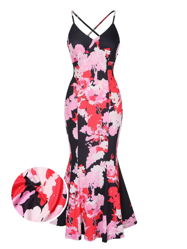 She slips into this Pink 1930s Spaghetti Strap Floral Mermaid Dress and suddenly it's a 1930s daydream