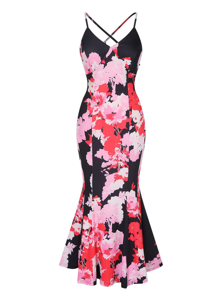 Pink 1930s Spaghetti Strap Floral Mermaid Dress: where 1930s romance meets her modern spirit