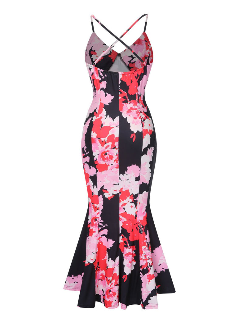Pink 1930s Spaghetti Strap Floral Mermaid Dress: where 1930s romance meets her modern spirit