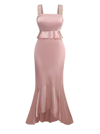 Pink 1930s Strap Lace Ruffles Satin Mermaid Dress - vintage dress, retro fashion
