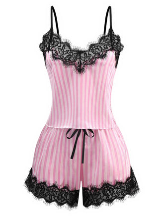 Pink 1930s Strap Strips Lace Pajama Set - vintage fashion, retro style