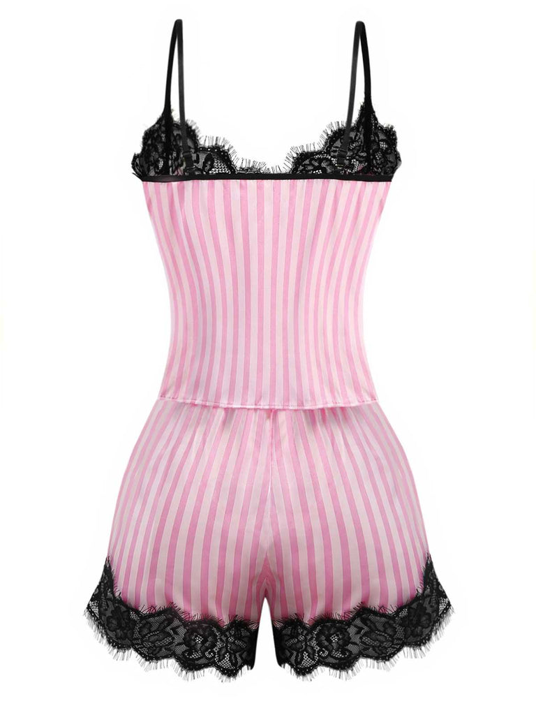 Pink 1930s Strap Strips Lace Pajama Set - vintage fashion, retro style