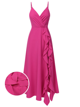 Pink 1930s V-Neck Ruffled Irregular Slit Dress, vintage dress, retro fashion - perfect for women who love vintage and retro fashion