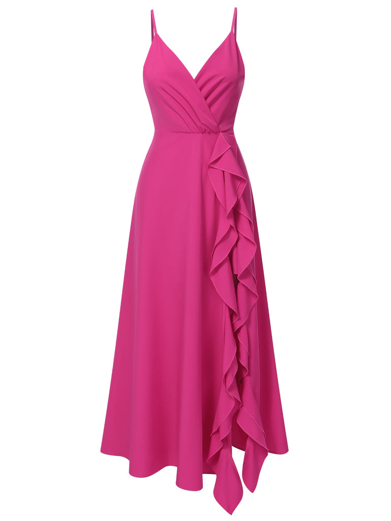 Pink 1930s V-Neck Ruffled Irregular Slit Dress, vintage dress, retro fashion - perfect for women who love vintage and retro fashion