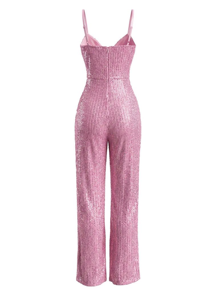 Pink 1930s V-Neck Spaghetti Strap Sequined Jumpsuit - vintage jumpsuit, retro fashion