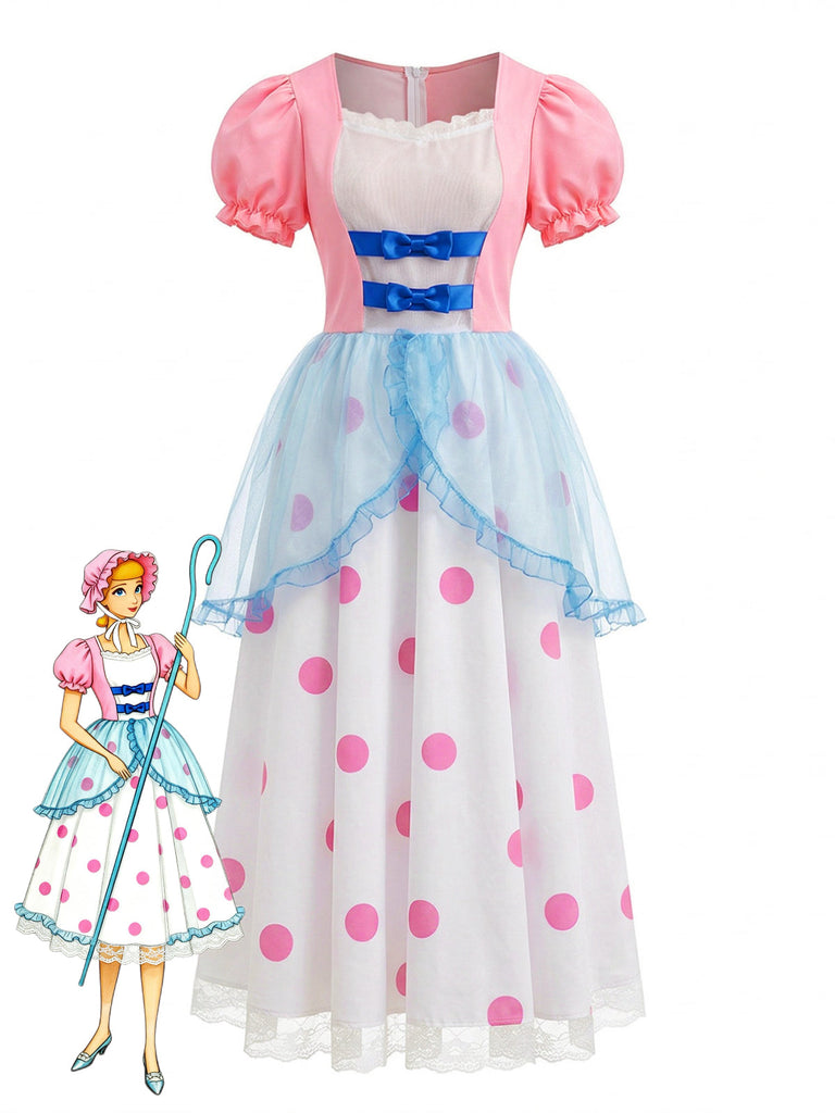 Pink Bo Peep Cosplay Puff Polka Dot Dress