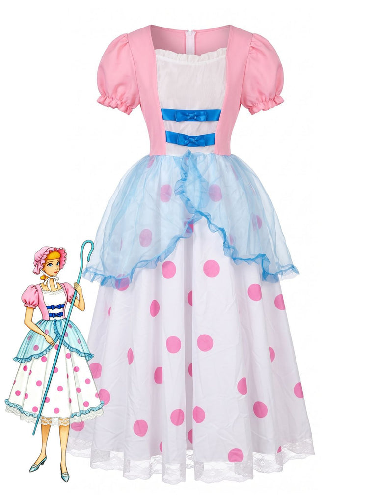 Bo Peep Costume Cosplay Women's Polka Dot Puff Sleeve Dress