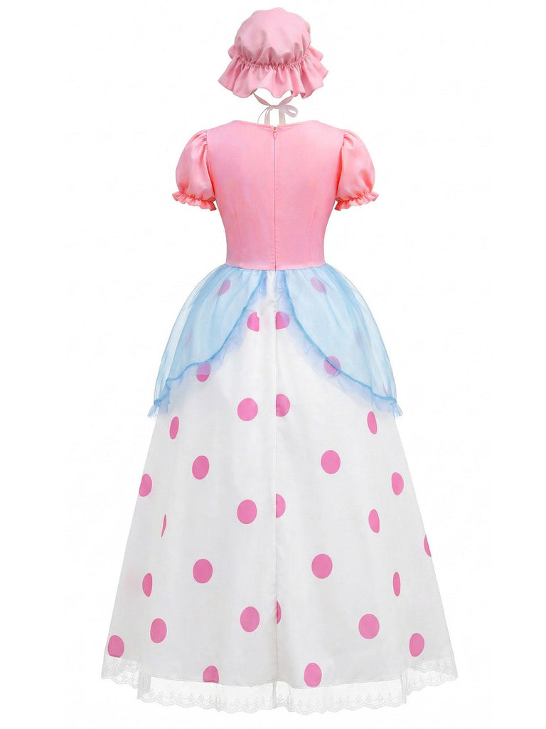 Bo Peep Costume Cosplay Women's Polka Dot Puff Sleeve Dress