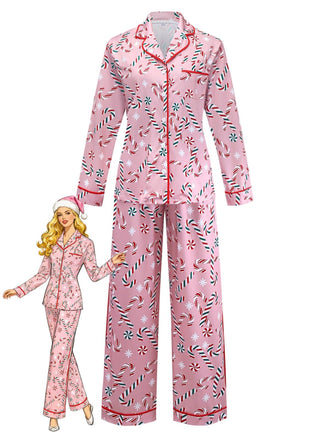 Pink 1940s Christmas Candy Cane Long Pajama Set - vintage fashion, retro style