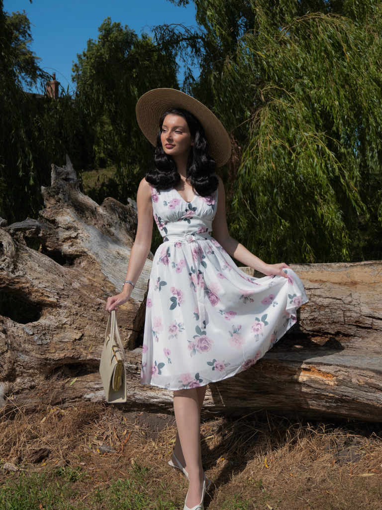 Pink 1940s Deep V-Neck Chiffon Rose Dress - vintage dress, retro fashion