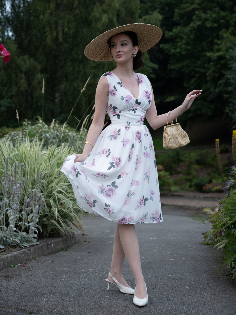 Pink 1940s Deep V-Neck Chiffon Rose Dress - vintage dress, retro fashion