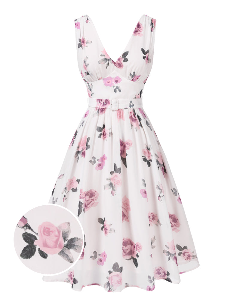 Pink 1940s Deep V-Neck Chiffon Rose Dress | Retro Stage Pink 1940s Deep V-Neck Chiffon Rose Dress | Retro Stage