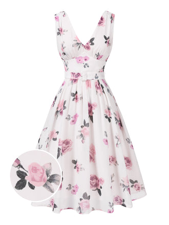 She slips into this Pink 1940s Deep V-Neck Chiffon Rose Dress and suddenly it's a 1940s daydream