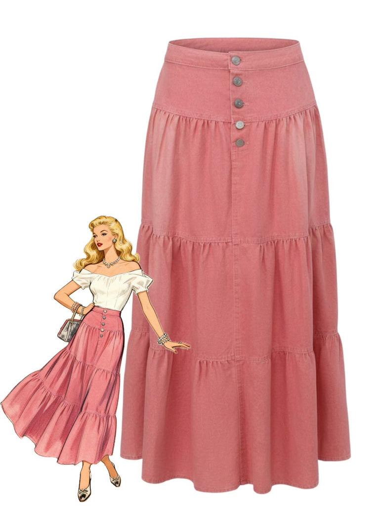 Pink 1940s Denim Button-Down Tiered Maxi Skirt - vintage skirt, retro style, elegant red