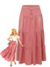 Pink 1940s Denim Button-Down Tiered Maxi Skirt - vintage skirt, retro style, elegant red