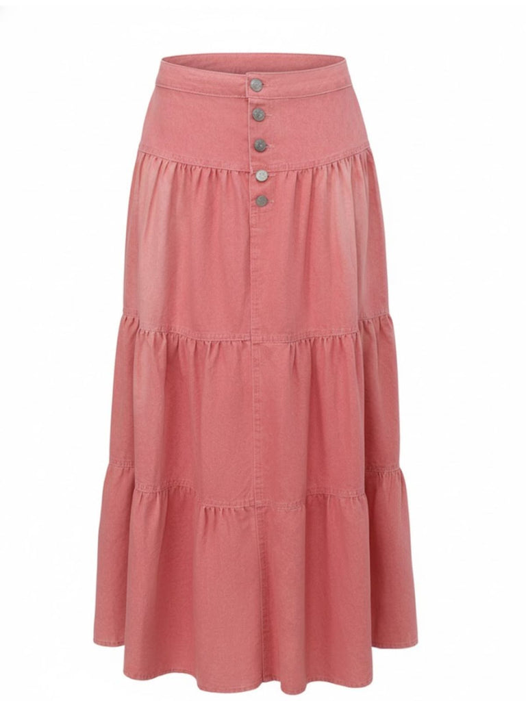 Pink 1940s Denim Button-Down Tiered Maxi Skirt - vintage skirt, retro style, elegant red
