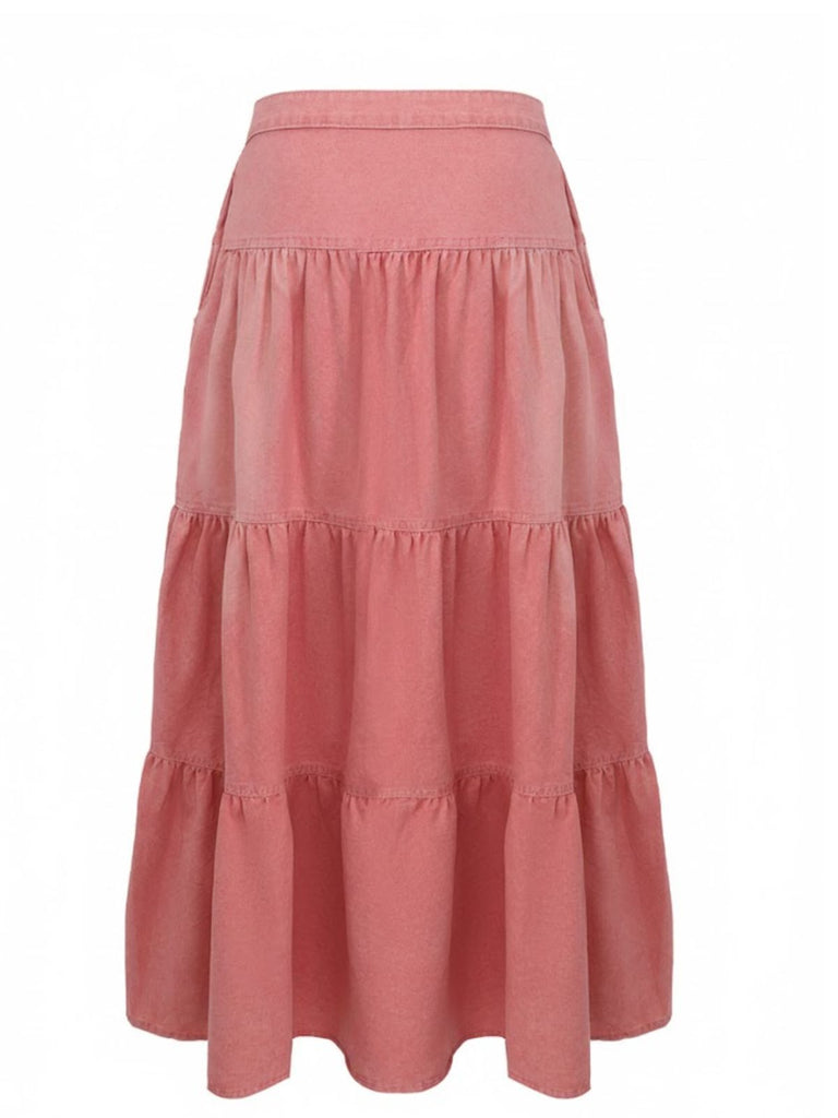 Pink 1940s Denim Button-Down Tiered Maxi Skirt - vintage skirt, retro style, elegant red