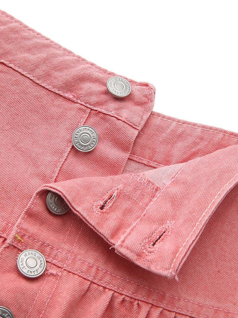 Pink 1940s Denim Button-Down Tiered Maxi Skirt - vintage skirt, retro style, elegant red
